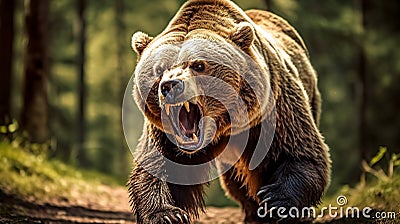 large brown angry running bear in the green forest, made with Generative AI Stock Photo