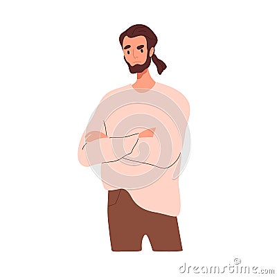 Angry sad person frowning. Frustrated upset thoughtful man with unhappy pensive face expression and arms crossed. Gloomy Vector Illustration