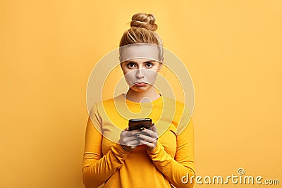 Angry sad woman annoyed by something while using phone Stock Photo