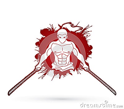 Angry Samurai standing with swords front view graphic vector Vector Illustration