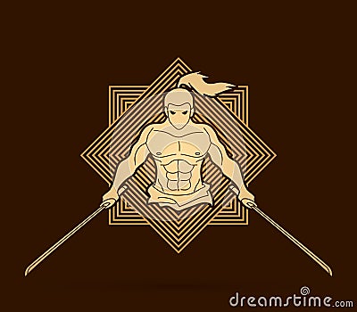 Angry Samurai standing with swords front view graphic vector Vector Illustration