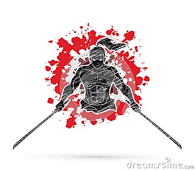 Angry Samurai standing with swords front view sign graphic vector Vector Illustration