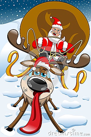 Angry Santa Claus Christmas Sleigh Exhausted Reindeer Vector Illustration