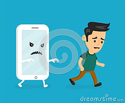 Angry scary smartphone run for young man. Vector Illustration