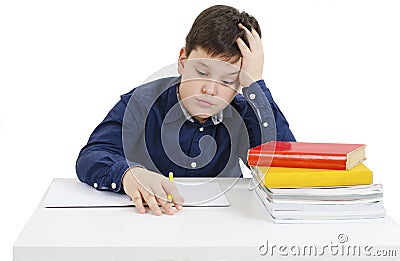 Angry schoolboy with learning difficulties. Tired teenage boy study. Isolated on a white background. Stock Photo