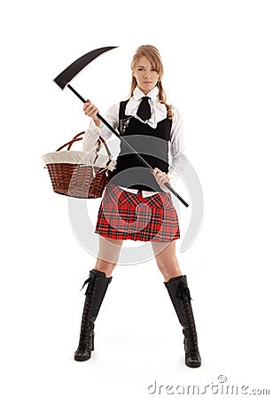 Angry schoolgirl with black scythe Stock Photo