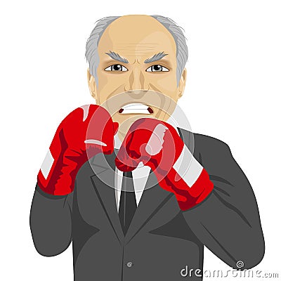 Angry senior businessman with boxing gloves wearing gray suit Vector Illustration