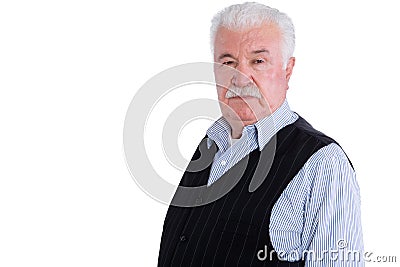 Angry senior man with mustache over white Stock Photo