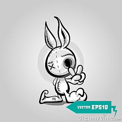 Angry sewn voodoo bunny finger gesture peace Vector Illustration