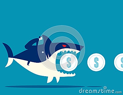 Angry shark biting coin. Business vector illustration concept Vector Illustration