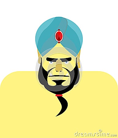 Angry Sheikh turban. Emir with beard. Blue turban is decorated Vector Illustration