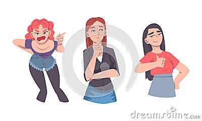 Angry Shouting Woman with Grumpy Face and Scratching Head Thinking Vector Set Vector Illustration