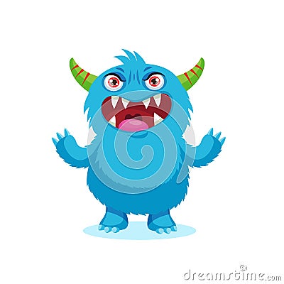 Angry Smile. Emotions Monster. Angry Evil Face. Sinister Blue Monster Cartoon Mascot Character. Vector Illustration