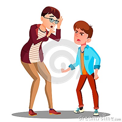 Angry Son Screaming At Frightened Mother Vector. Isolated Illustration Vector Illustration