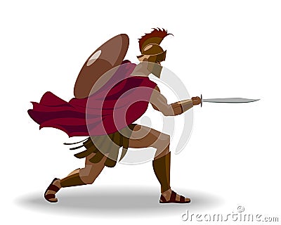 Angry spartan warrior with armor and hoplite shield holding a sw Vector Illustration