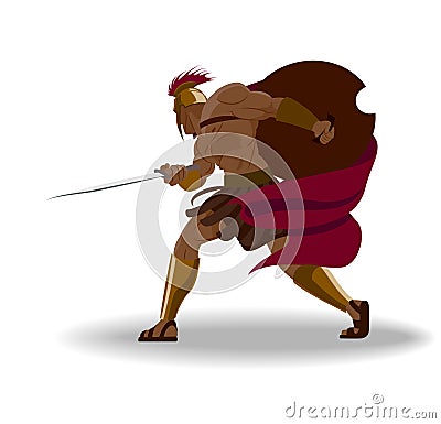 Angry spartan warrior with armor and hoplite shield holding a sw Vector Illustration