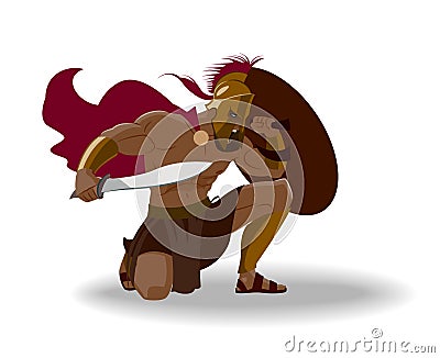 Angry spartan warrior with armor and hoplite shield holding a sw Vector Illustration