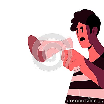 Angry speaker shouting, speaking with megaphone. Activists speech with loudspeaker in hand. Discontent character Vector Illustration