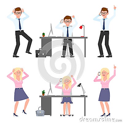 Angry, stressed, desperate, mad man and woman vector. Shouting, pointing finger, talking on phone boy and girl cartoon character Vector Illustration