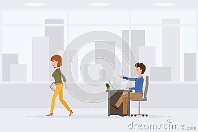 Angry, stressed, desperate office man and woman vector. Shouting, pointing finger, scolding, walking away cartoon character Vector Illustration