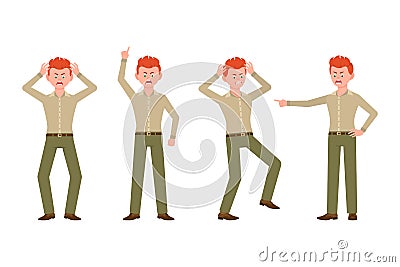 Angry, stressed, desperate red hair young man in green pants vector illustration. Shouting, pointing finger, screaming character Vector Illustration