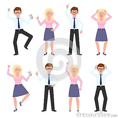 Angry, stressed, glasses man and blonde woman. Shouting, pointing finger, talking on phone boy and girl cartoon character vector Vector Illustration