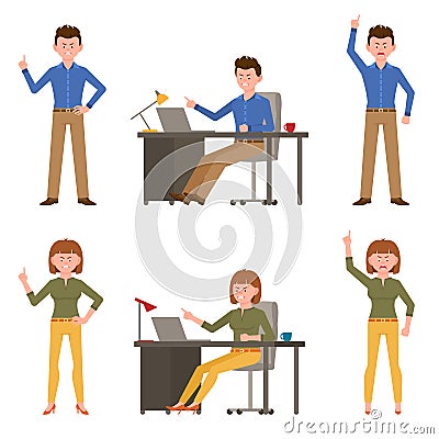 Angry, stressed, mad man and woman vector illustration. Shouting, pointing finger, scolding boy and girl cartoon character Vector Illustration