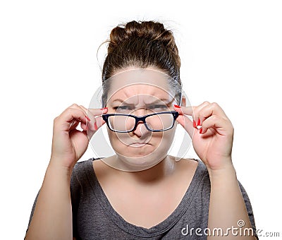 Angry strict woman wears glasses, grimace portrait Stock Photo