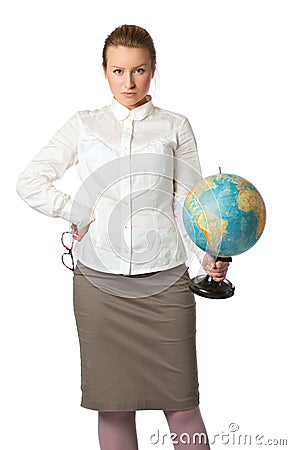 Angry teacher with globe Stock Photo