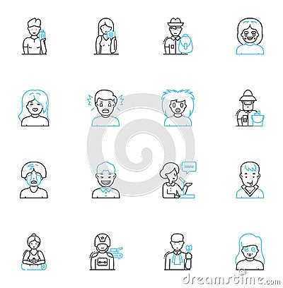 Angry temperament linear icons set. Frustration, Animosity, Bitterness, Resentment, Fury, Aggression, Hostility line Vector Illustration