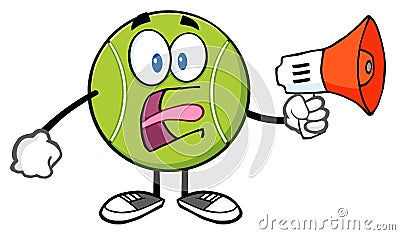 Angry Tennis Ball Cartoon Mascot Character An Announcement Into A Megaphone Vector Illustration