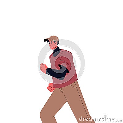 Angry unhappy person running. Displeased annoyed man in bad mood, negative emotion, frowned aggressive trouble serious Vector Illustration