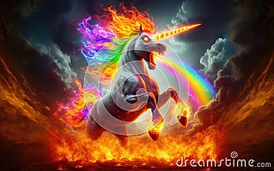 Angry unicorn. White unicorn with a pink and white mane and tail emits a rainbow Stock Photo