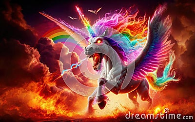 Angry unicorn. White unicorn with a pink and white mane and tail emits a rainbow Stock Photo