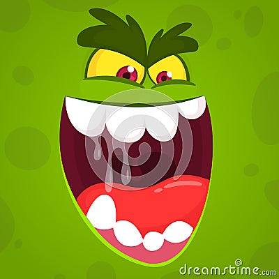 Angry vector cartoon monster face. Vector Halloween green zombie monster screams. Vector Illustration