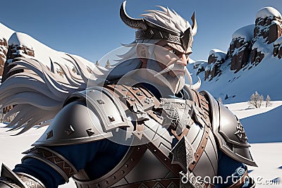 Angry viking in armor on snow background. Generative AI Stock Photo