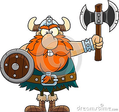 Angry Viking Cartoon Character Holding a Shield and Axe Vector Illustration