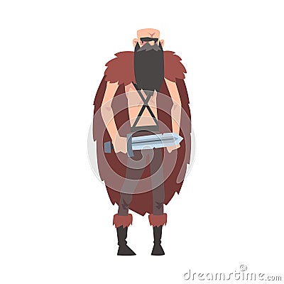 Angry Viking, Male Warrior Character in Animal Skin with Sword Vector Illustration Vector Illustration