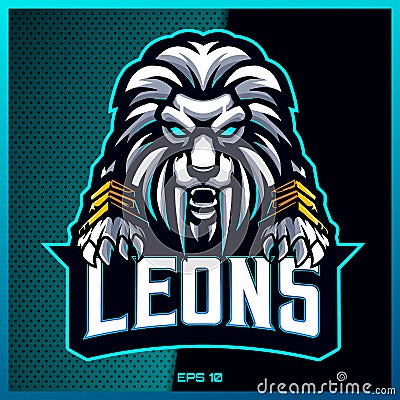 Angry white lion grab text esport and sport mascot logo design in modern illustration concept for team badge, emblem and thirst Vector Illustration