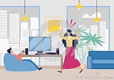 Angry Wife Shouting on Husband Playing Video Game Vector Illustration