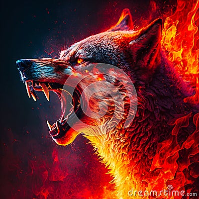 Angry wolf in red fire fantasy photorealistic, generative AI Stock Photo