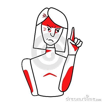 Angry woman, annoyed emotion. Irritated half body female line drawing with red spots, evil mood maiden, threatened with a finger Vector Illustration