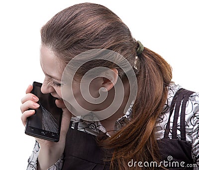 Angry woman biting cracked smartphone Stock Photo