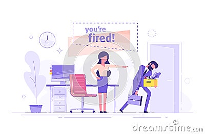 Angry woman boss dismisses employee. Fired sad man carrying box with his things. Dismissal, unemployment, jobless and employee job Vector Illustration