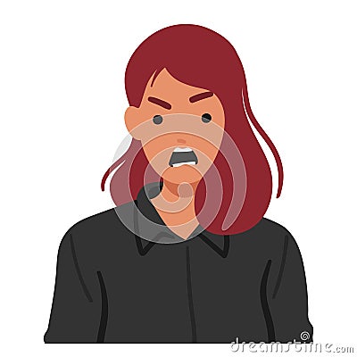 Angry Woman Character Face Contorted In A Furious Yell, Eyes Ablaze With Anger, And Lips Parted In A Fierce Expression Vector Illustration