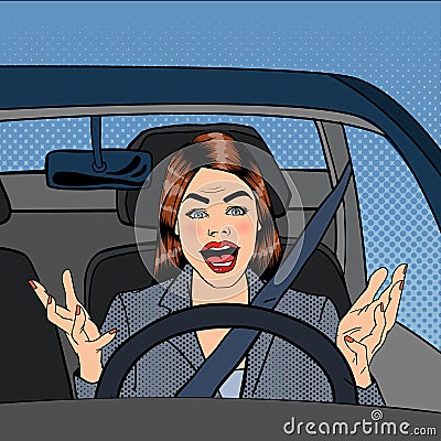 Angry Woman Driver. Aggressive Woman Driving Car. Pop Art Vector Illustration