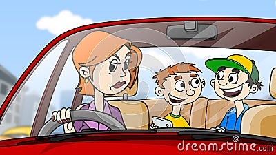 Angry woman driving the car, children sit on the backseat Cartoon Illustration