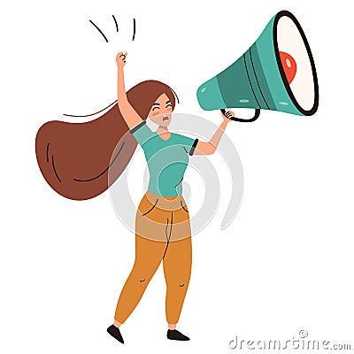 Angry woman holding a megaphone/loud speaker Vector Illustration