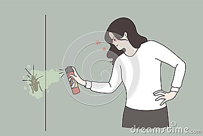 Angry woman kill insects with chemical spray Vector Illustration