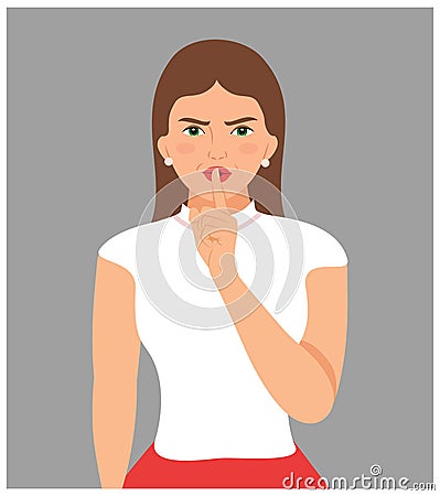 Angry woman making Silence Gesture. Be quiet Vector illustration. Secret Concept Vector Illustration